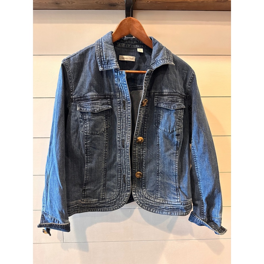 Coldwater Creek Womens Petite 12 Blue Denim Jacket Stretch Button Front Slub P12